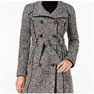 Guess Black & White Button Front Center Tie Long Sleeve Pea Coat Size Large